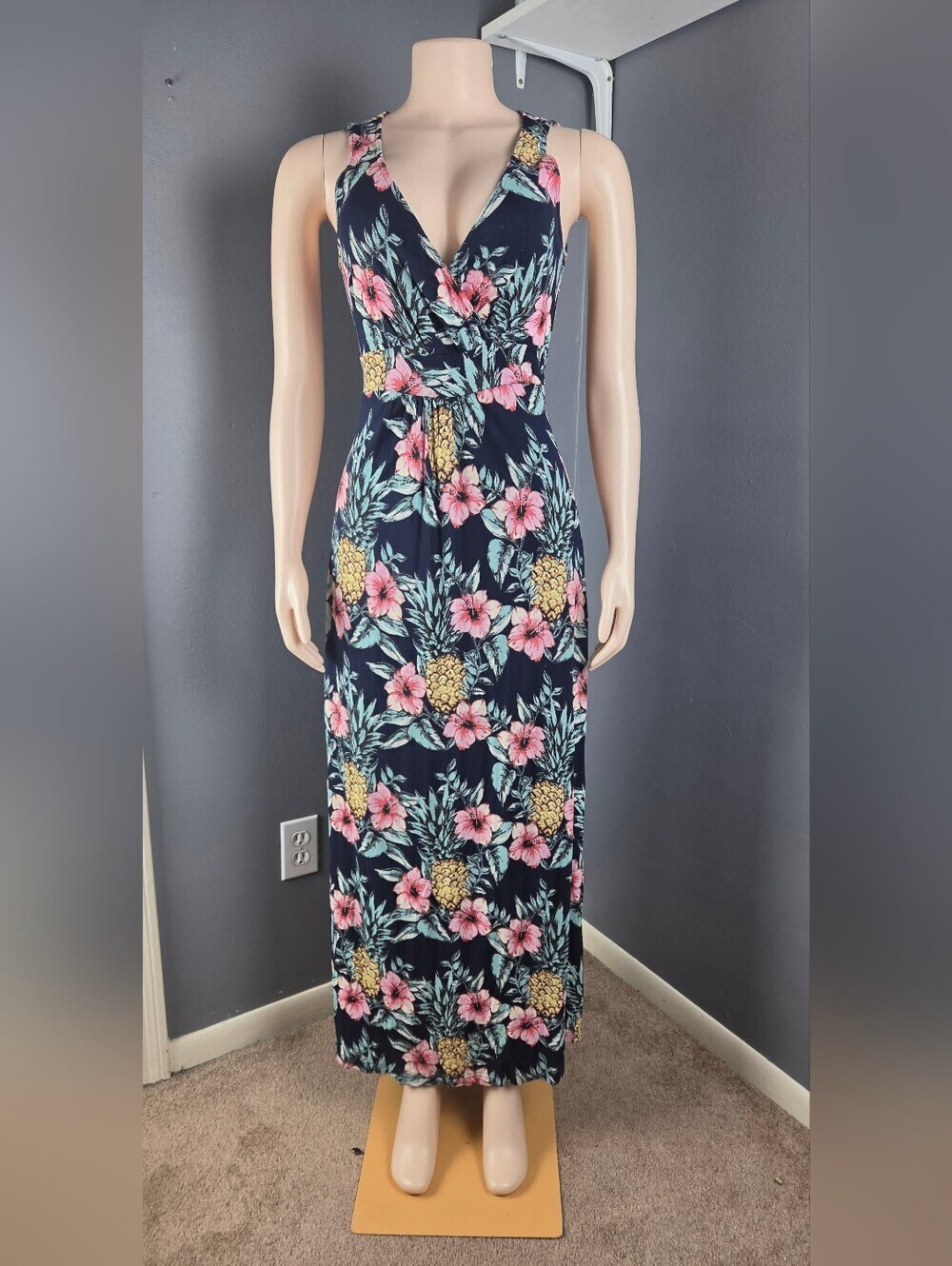 Floral Pineapple V-Neck Maxi Dress - Navy and Pink